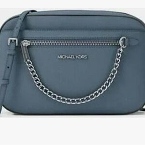 Michael Kors Slate Blue Leather Crossbody with Silver Chain